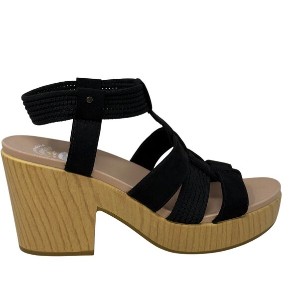 Dr. Scholls Black Blossom Strappy Platform Sandals US 10M Faux Wood Block Heel - Picture 2 of 11